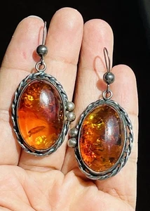 Pendientes colgantes cabujón grande ovalados ámbar báltico genuino vintage de plata de ley - Imagen 1 de 18
