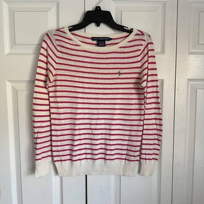 Suéter Deportivo Ralph Lauren Para Mujer Pequeño Rosa Crema Rayas Cuello Barco Verde Poni Foto 1 de 4