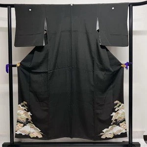 Elegant Black Tomesode Kimono with Gold Embroidery, Pine & Chrysanthemum, Size 1 - Picture 1 of 8