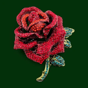 LARGE RED ROSE CRYSTAL BROOCH or PENDANT rhinestone flower & thorns pin O3 - Picture 1 of 7