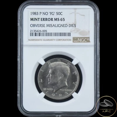 1983 P No "FG" Kennedy Half Dollar NGC Mint Error MS65 Obverse Misaligned Dies - Image 1 of 2