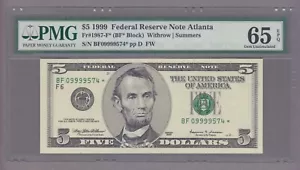 COLLECTORS ITEM #21 - STAR NOTE $5 - 09999574 - FR#1987-F* PMG 65 - evTT762 - Picture 1 of 2