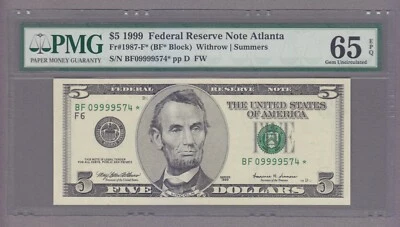 COLLECTORS ITEM #21 - STAR NOTE $5 - 09999574 - FR#1987-F* PMG 65 - evTT762 - Image 1 of 2