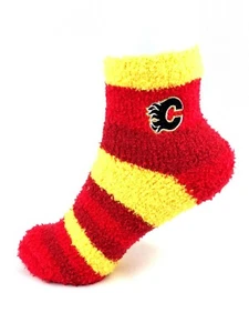 Calgary Flames Hockey Red & Gold Rainbow Stripe Fuzzy Socks - Picture 1 of 2