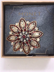 NEW/BOX MONET ENAMEL RHINESTONES GOLD TONE BROOCH CHRISTMAS DOG TREE FLOWER - Picture 1 of 23