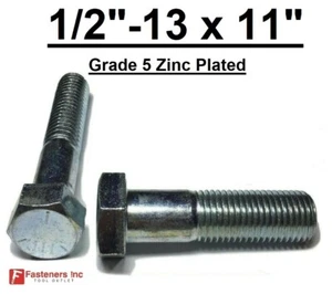 1/2-13 x 11" Hex Bolt Zinc Plated Grade 5 Cap Screw Coarse Partial Thread - Picture 1 of 9