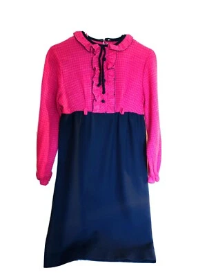 Vestido Bibliotecario Vintage Cintura Imperio Rosa y Azul Marino Pequeño Foto 1 de 4