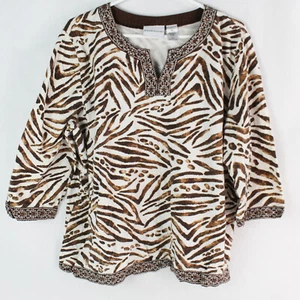 Alfred Dunner Women's XL Zebra Pattern Half-Sleeve Shirt Brown & White - Picture 1 of 5