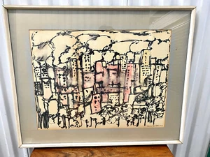 Paisaje urbano de medios mixtos Mid Century Yanni Posnakoff 1967  - Imagen 1 de 11