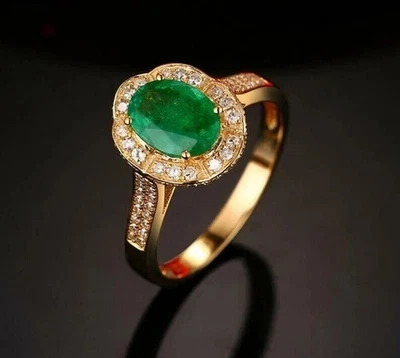 14k Yellow Gold Plated Natural Green Emerald 2.40Ct Oval Cut Halo Wedding Ring - Image 1 of 4