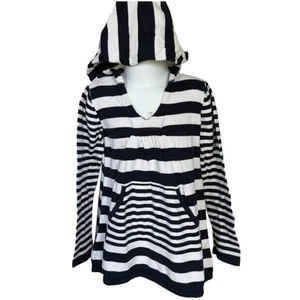 Girls S 6-6X Navy Blue & White Stripe Long Sleeve Hooded Pullover Pocket Sweater - Picture 1 of 3