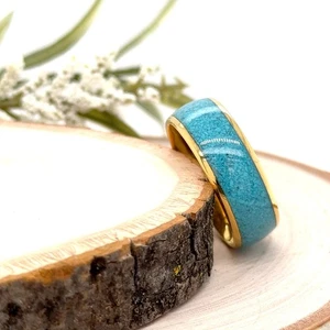 8mm Gold Plated Tungsten Band Blue Crackle Resin Inlay Unique Engraving Ring - Picture 1 of 4
