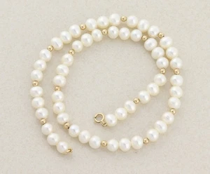 14k Yellow Gold Freshwater White Pearl Necklace 14 inch Strand Choker - Picture 1 of 7