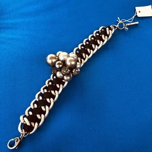 Vintage Kenneth Cole Silber Kette Glieder Kugel Strass Armband schwarzes Band - Bild 1 von 5