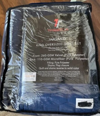 Tribeca Living Lugano Navy Blue Velvet Oversized Solid King Quilt Set Oversized - Image 1 of 4