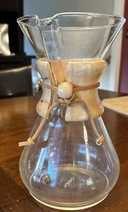 "CHEMEX" Filter-Drip Coffeemaker POUR OVER Glass Wooden COLLAR Coffee 8.5" - Picture 1 of 3