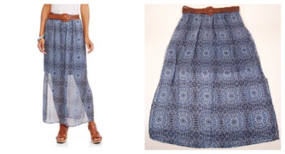 Maxi Skirt With Weaved Belt Women's Size XXL Blue Chiffon Boho Flowy 38x40 - Image 1 of 3