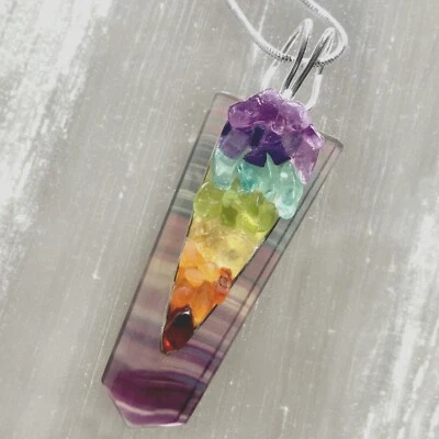 Rainbow FLUORITE Crystal 7 Chakra Pendant CHARGED Sterling Silver Necklace Reiki - Image 1 of 4