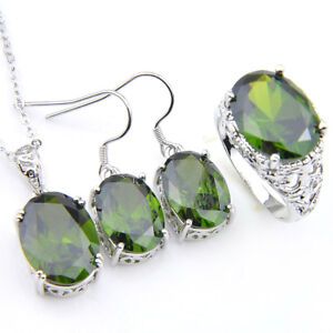 Awesome Oval 3 Pcs 1 Lot Natural Oliver Peridot  Silver Pendant Earrings Rings