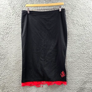 Rock Steady Womens Pencil Midi Skirt Size XL Black Red Stretch Knit Lace Trim - Picture 1 of 13