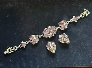 Barclay Bracelet & Earrings Set W/ Purple Rhinestones - Picture 1 of 9
