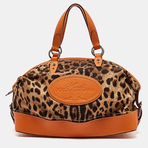 Dolce & Gabbana Orange/Beige Leopard Print Fabric and Leather Animalier Satchel - Picture 1 of 10