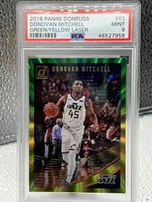 2018 Panini Donruss Holo Green and Yellow Laser Donovan Mitchell PSA 9