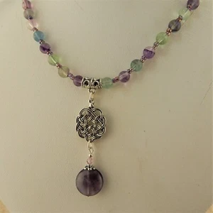 Silver Celtic Knot necklace with Genuine Fluorite gemstone beads, Irish - Picture 1 of 6