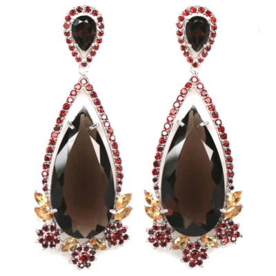 Plata de ley 925 16 x 32 mm. Pendientes de cuarzo ahumado, citrino y granate Foto 1 de 4