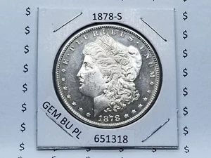 1878-S $ MORGAN SILVER DOLLAR FROSTY WHITE GEM BU PL MILD RIM TONE #651318-100BB - Picture 1 of 4