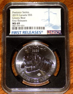 2019 $5 CANADA 1 OZ SILVER GRIZZLY BEAR NGC MS69 FIRST RELEASES Canadian Coin - Image 1 of 4