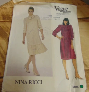 Vogue Paris Original Nina Ricci Sz 8 Straight Dress Pattern #2988 Ruffle UNCUT - Picture 1 of 2