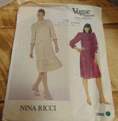 Vogue Paris Original Nina Ricci Sz 8 Straight Dress Pattern #2988 Ruffle UNCUT - Image 1 of 2