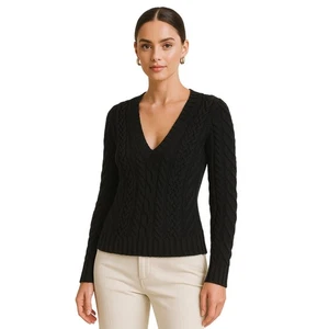 Suéter Theory Lana Merino Tejido con Cable Cuello en V Mujer Talla M Negro Dinero Antiguo Preppy - Imagen 1 de 10