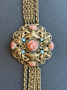 Vintage Stunning Czech Glass Cabochon Bracelet Gold Tone Victorian Revival. G - Picture 1 of 20