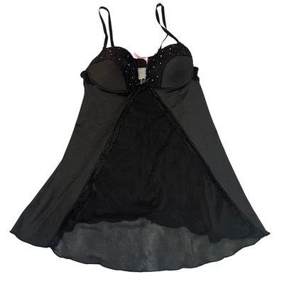 Native Intimates Babydoll Lingerie Chemise 36B Black Lace Rhinestone Accents - Image 1 of 4