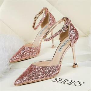 Fashion Women Shoes Sandals Glitter Sequins Pointy Toe Stiletto Ankle Strappy