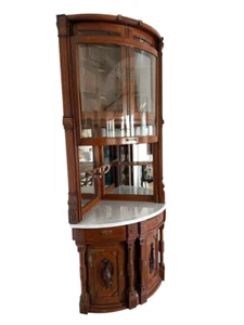 Antique Walnut Marble Top Renaissance Hunting Corner Cupboard Carved Fish & Bird - Picture 1 of 10