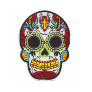 SUGAR SKULL IRON ON PATCH 4" Embroidered Applique White Red Day of the Dead NEW - Picture 1 of 2