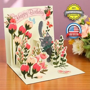Tarjeta de Cumpleaños 3D Pop Up Botánica Gato Amante Flores Mascota Animal Jardín Nuevo Sellado - Imagen 1 de 9