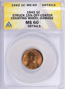 1942 ERROR ANACS MS60 Off Center Lincoln Wheat Cent Coin NICE BU + O/C #962  NR - Picture 1 of 6