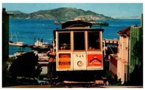 SAN FRANCISCO CABLE CAR ON HILTOP WITH ALCATRAZ IN BACKGROUND.VTG POSTCARD**B1 - Picture 1 of 2
