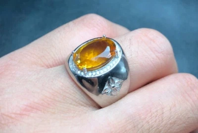 5 Ct Oval Cut Deep Yellow Citrine Sterling Silver 925 Handmade Mens Plain Ring - Image 1 of 4