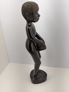 Hand Carved From Ebony Wood An African Tribal Figure of Boy Playing Drum Vintage - Picture 1 of 13
