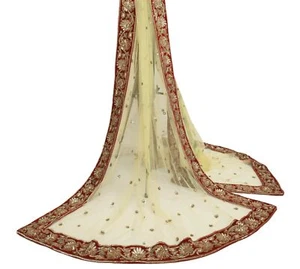 Sushila Vintage Cream Net Dupatta Bridal Hand Beaded Velvet Border Long Stole - Picture 1 of 11