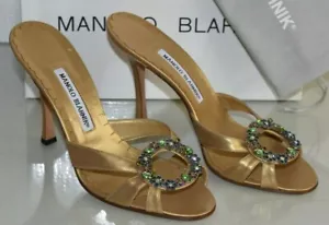 NEW Manolo Blahnik BIETA Sandals Bronze Gold CRYSTALS Jeweled Shoes 39.5 - Picture 1 of 11