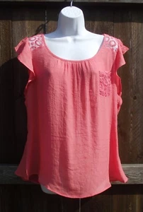 G2U DEEP CORAL ORANGE LACE RAYON COTTON CASUAL CAP SLEEVE TOP BLOUSE 1XL NEW - Picture 1 of 5