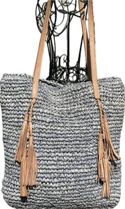 Cocobelle Handtasche Raffia groß Handarbeit Fransen Lederbesatz Beuteltasche Boho Strandtasche - Bild 1 von 12