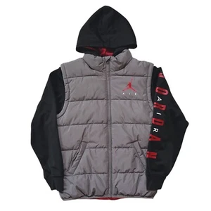 Air Jordan Hoodie Puffer Vest Jacket Boys Size Large 12-13 Jumpman Gray Black - Picture 1 of 12
