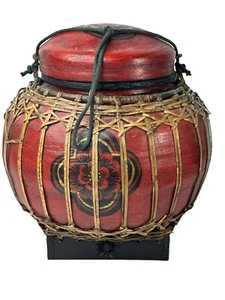 Vintage Large 12 in Bamboo Rice Container Lacquered Handmade Hand Painted - Picture 1 of 15